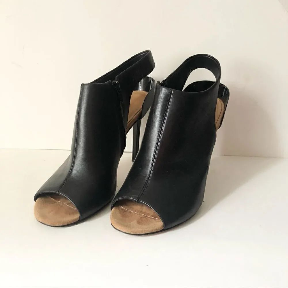 Diane Von Furstenburg black leather sling back peep toe stiletto heels